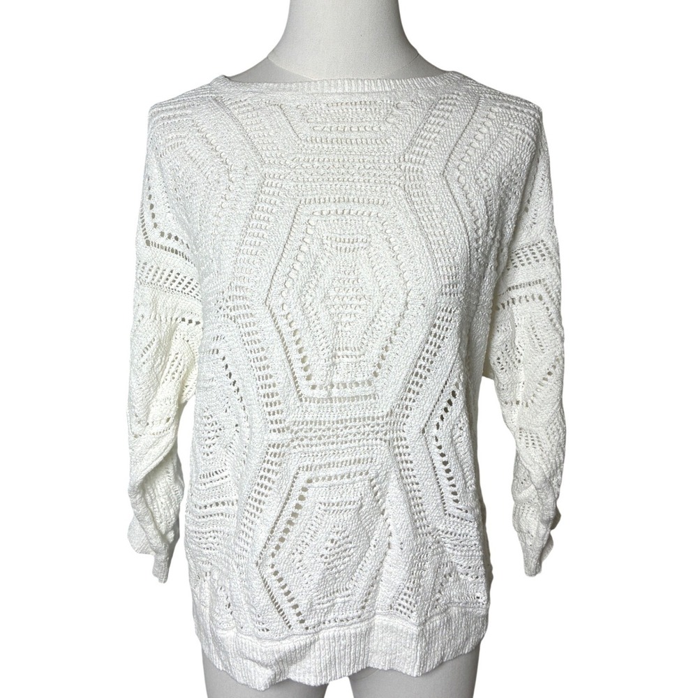 J. Jill White Geometric Pointelle Open Knit Cotton Sweater Boho Small S